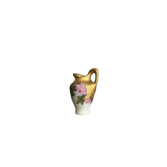 Marsha Hedrick Hand Painted 1995 Ceramic Pitcher Floral Gold Dollhouse Miniature - Picture 1 of 8